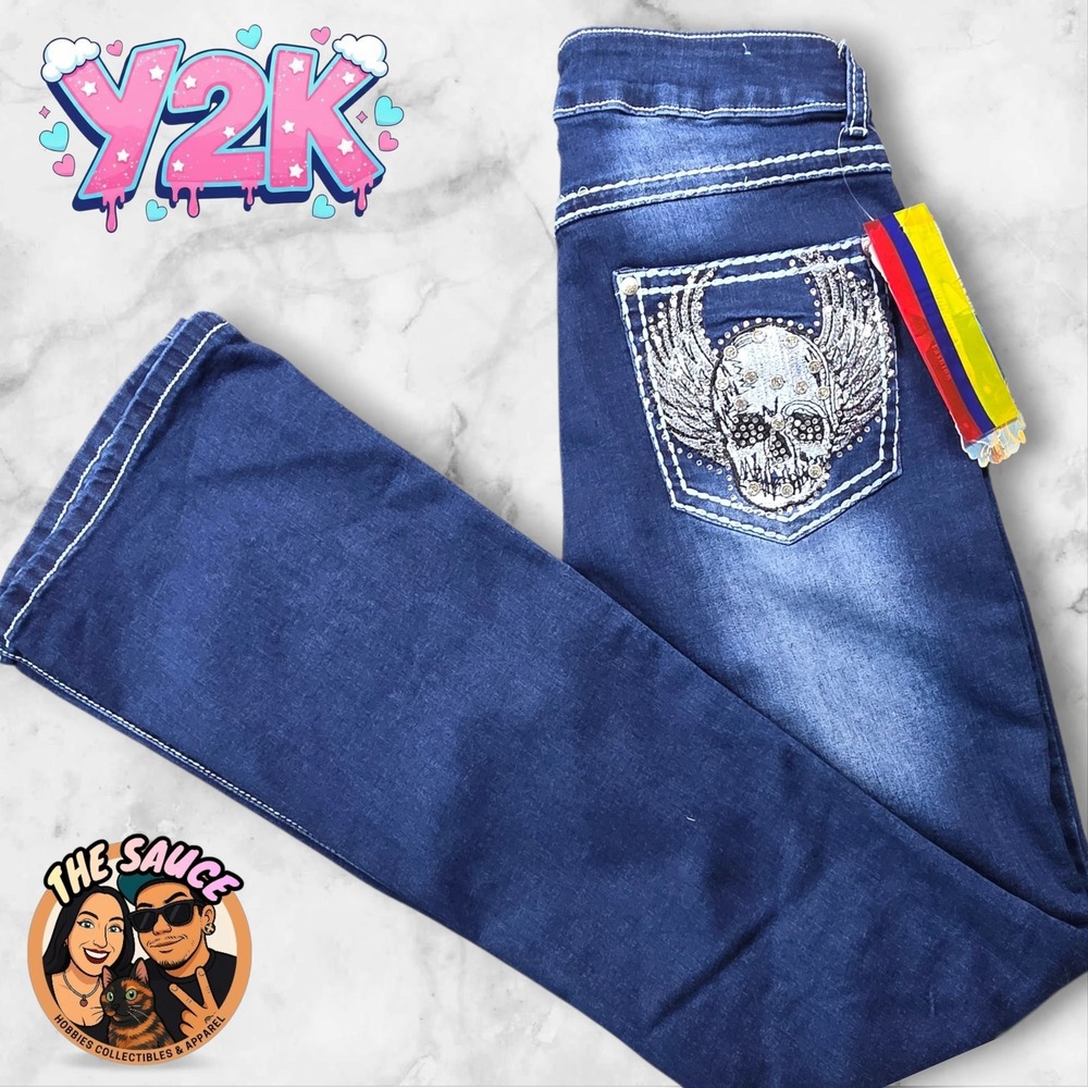 Flare Skull Jeans Womens 7/8 Dark Wash Denim Rhinestone Y2K 2000s Edgy Bling NWT